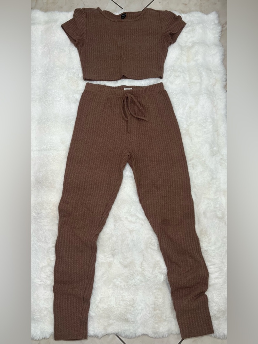 Ribbed Knit Brown Lounge Pants Set